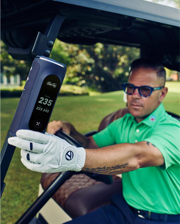 Blue Tees Golf Player+ GPS Speaker with Touch Screen Display, 10+ Hours Battery, 40,000+ Courses, Visual + Audible Distance, Hazard Distance
