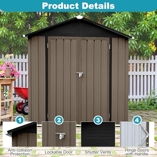 8x6 FT Outdoor Storage Shed, Metal Tool Shed with Lockable Doors, Peaked Roof & Frame Floor