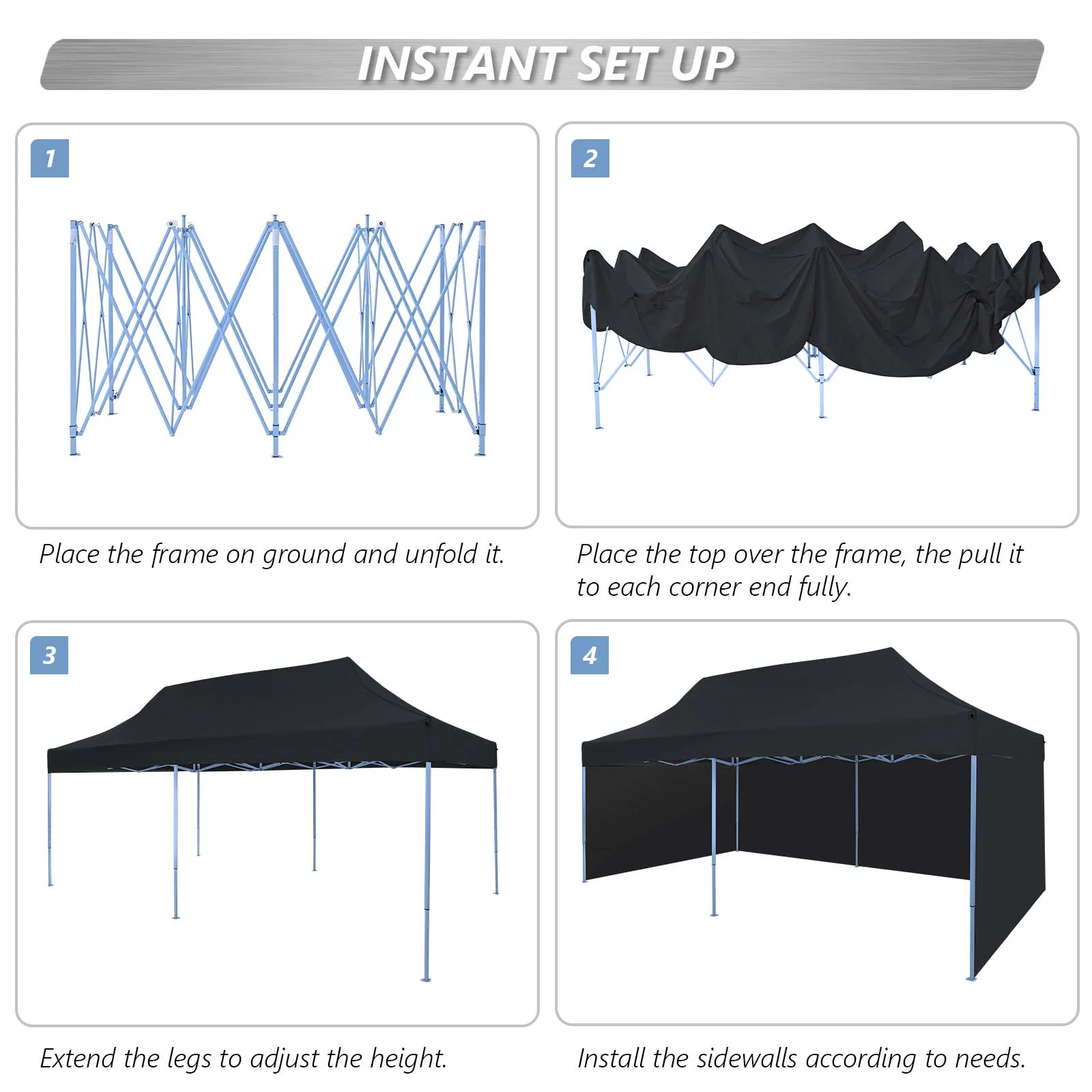 Texinpress 10'x20' Ez Pop Up Commercial Canopy Tent with Sidewalls, Black