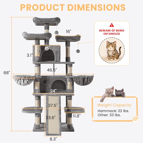 SHA CERLIN 68 Inches Multi-Level Large Cat Tree for Large Kitties/Big Cat Tower with Condo/Cozy Plush &zwnj