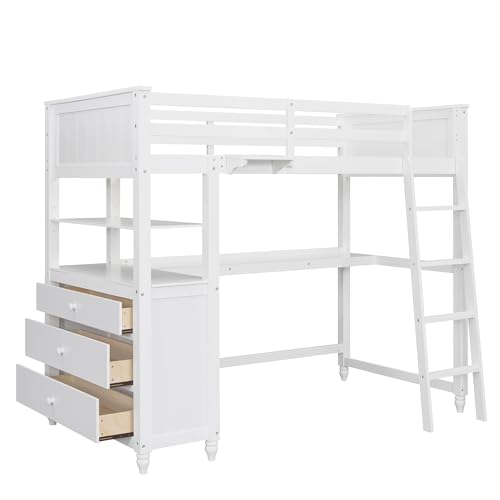 Harper & Bright Designs Full Loft Bed with Desk and Wardrobe,Solid Wood Loft Bed Frame Full with Storage Drawers for Kids Teens Adults