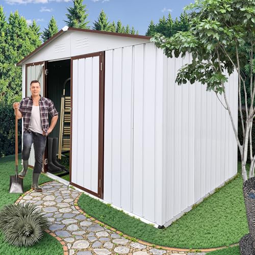 8x6 FT Outdoor Storage Shed, Metal Tool Shed with Lockable Doors, Peaked Roof & Frame Floor