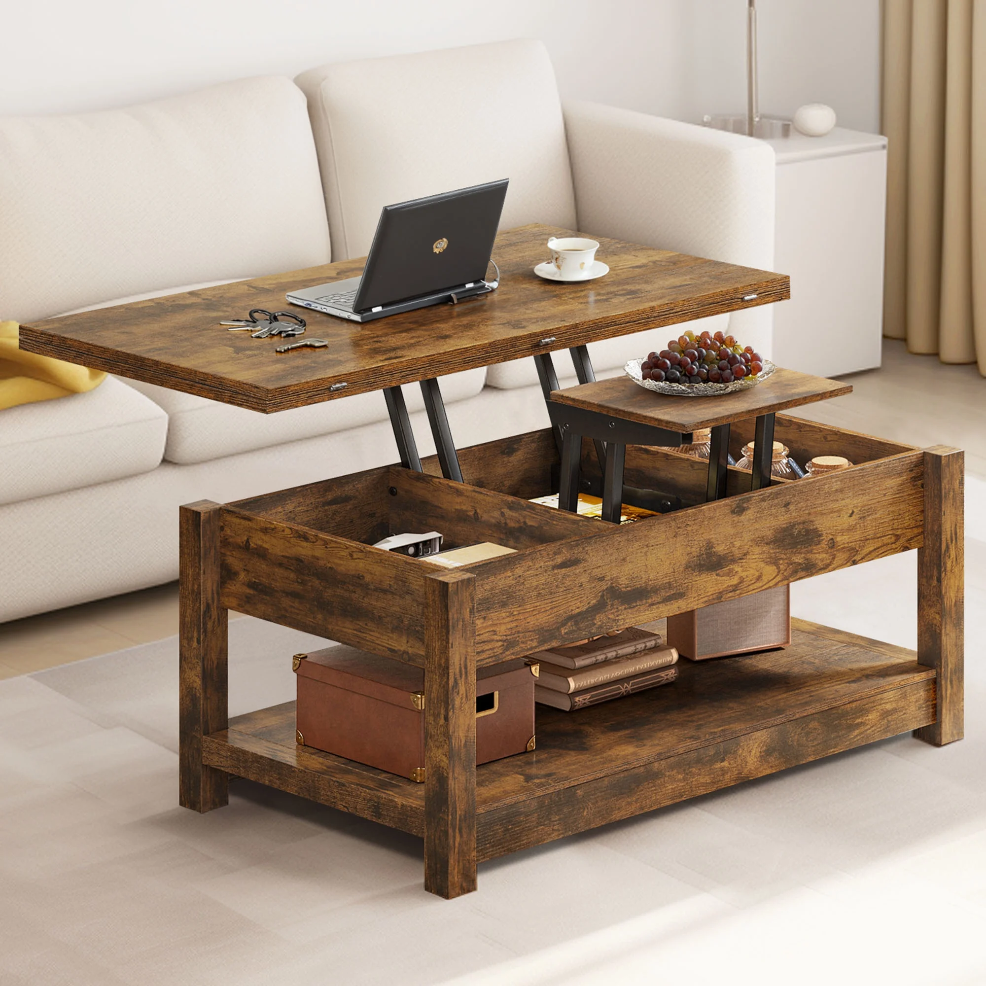 Dextrus Farmhouse Lift Top Coffee Table, 3 in 1 Multi-Function Center Table with Storage for Living Room, Brown - Radiant Selections