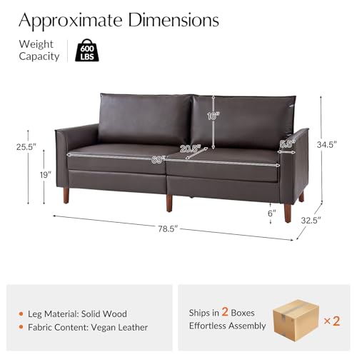 HULALA HOME 78" Faux Leather Sofa with Solid Wood Legs, Mid-Century Modern PVC Leather Couch, Comfy Upholstered 3-Seater Sofa for Living Room Bedroom