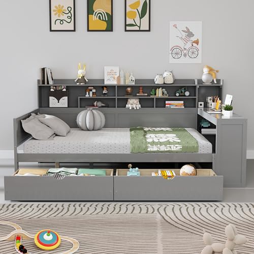 Corner Twin Bed Frame with Bookcase Storage and Desk, Wood Day Beds with 2 Drawers, Twin Size Daybed with Storage for Living Room