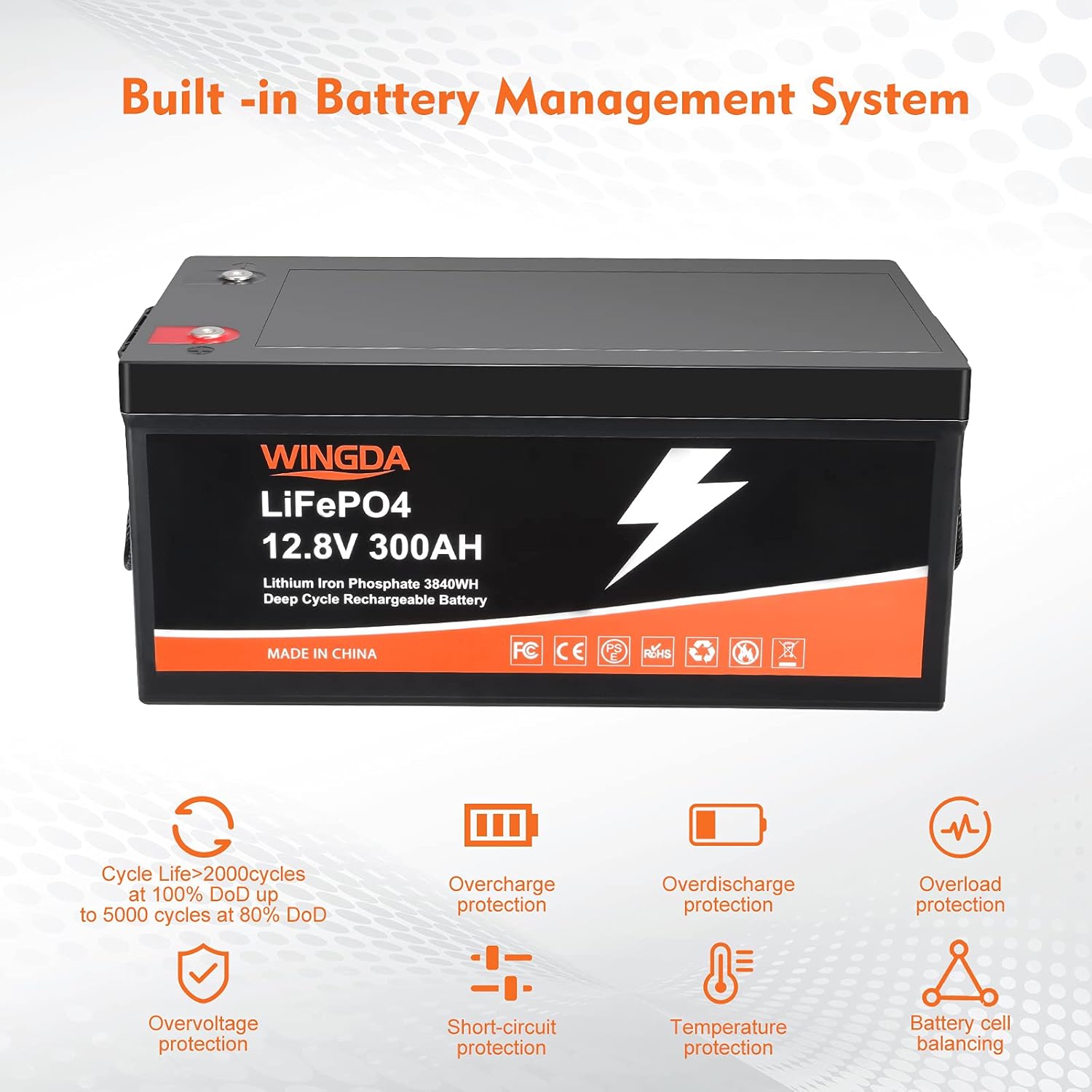 WINGDA LiFePO4 Battery 12V 100Ah Deep Cycle Lithium Batteries with Built-In BMS,5000+ Cycles 10 Year Life Time Rechargeable for RV, Solar Power