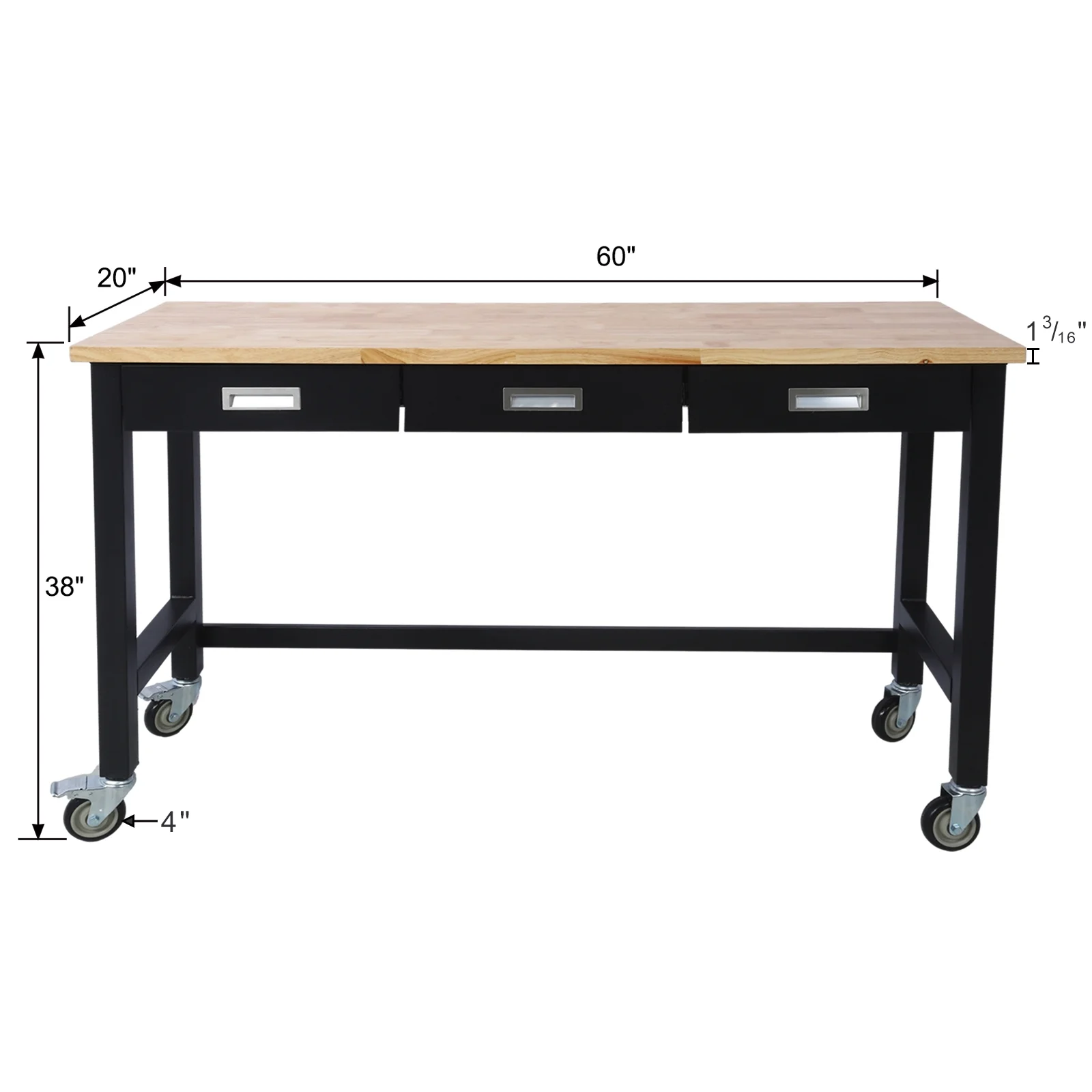 60in Work Bench, Adjustable Workbench with Drawer Storage, Heavy Duty Bamboo Wood Work Table with Wheels for Garage Home Office