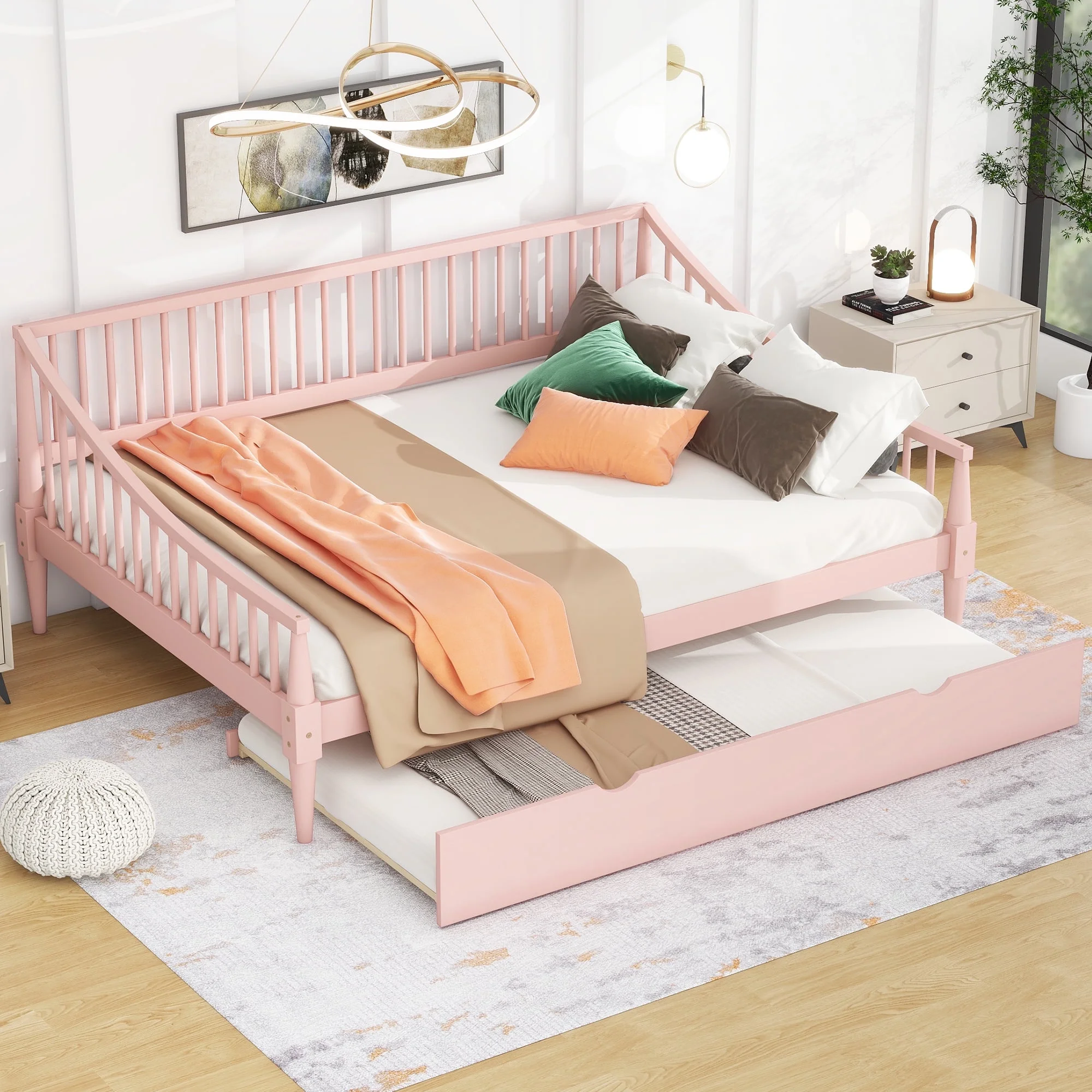 EUROCO Wood Full Size Daybed with Twin Trundle Bed for Kids Teens Adults, Solid Wood Bed Frame with Support Legs, Pink