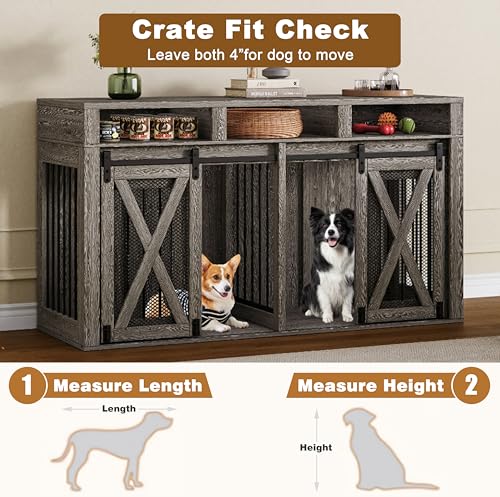 63" Large Dog Crate Furniture for 2 Dogs, Farmhouse Style Dog Cage TV Stand with Sliding Door