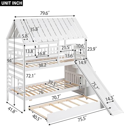 Kids Twin Over Twin Bunk Beds with Slide and Trundle, Solid Wood Bunk Bed Frame with Stairs and Storage