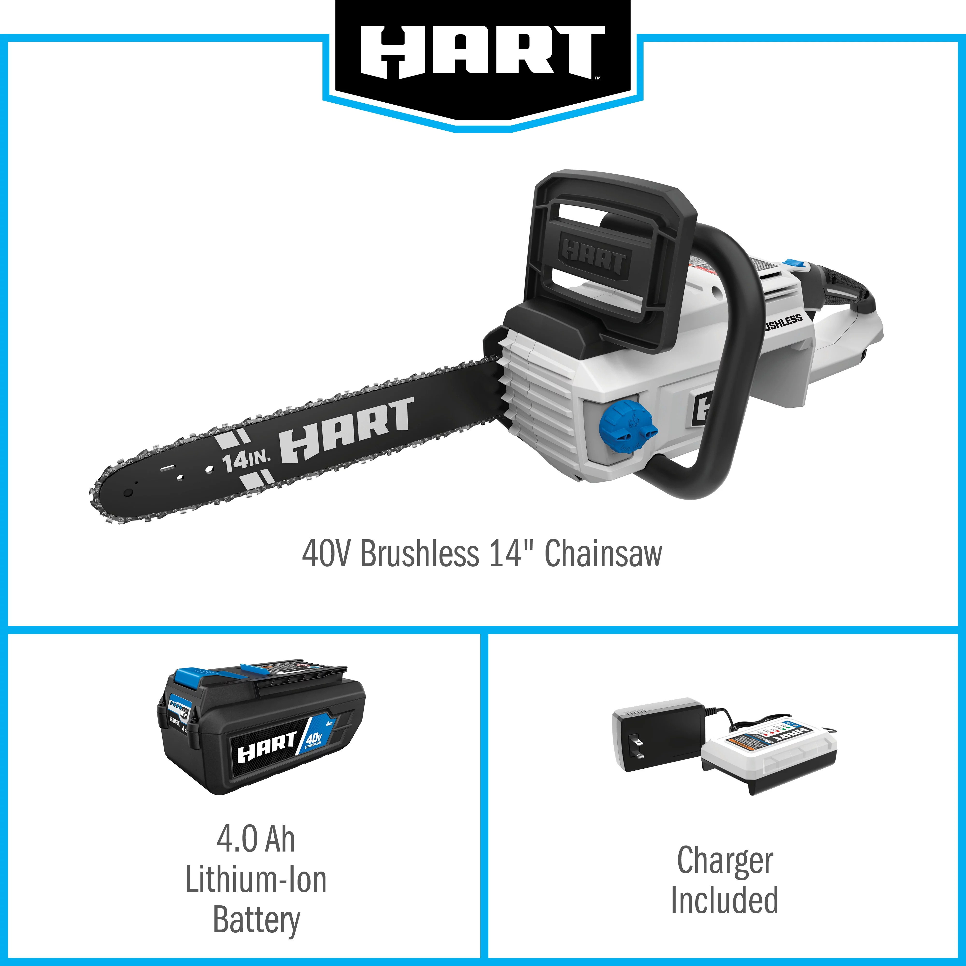HART 40-Volt 14-inch Battery-Powered Brushless Chainsaw Kit, (1) 4.0Ah Lithium-Ion Battery