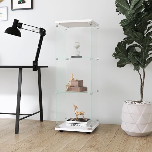 Glass Display Cabinet with 3 Shelves, One-Door Curio Cabinets for Living Room, Bedroom, Office, White Floor Standing Glass Bookshelf