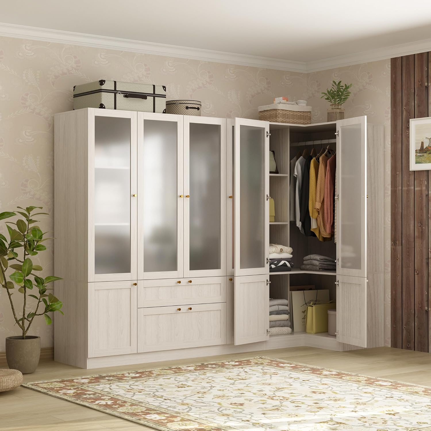 Homsee Extra Large L-Shape Armoire Wardrobe Closet with 6 Frosted Glass Doors, Hanging Bars, Shelves & Drawers