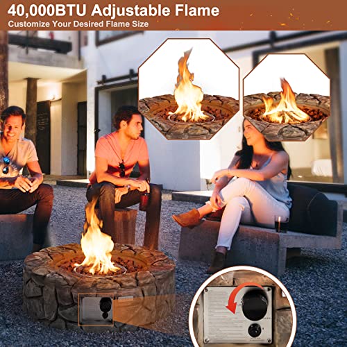Tangkula 28 Inch Round Propane Gas Fire Pit, Patiojoy 40,000 BTU Stone Look Outdoor Propane Fire Pit with Lava Rocks & PVC Cover