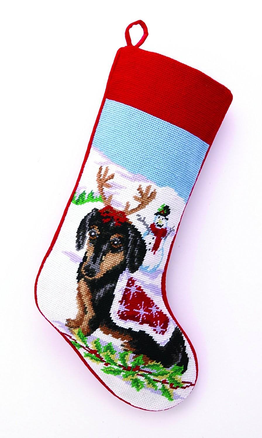 Peking Handicraft Black and Tan Dachshund Dog Wool Needlepoint Christmas Stocking, 11 x 18 inch 31TA1290MC - Avayadevconnect