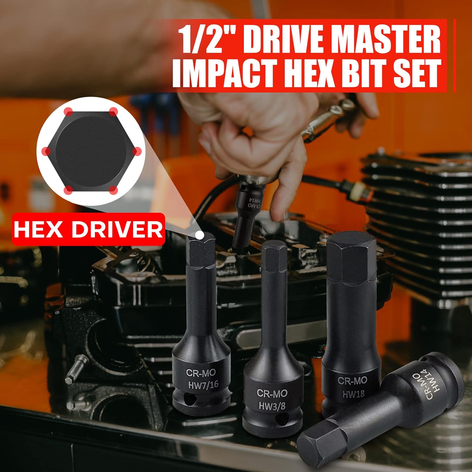 C&T 20 Piece 1/2 Drive Master Impact Hex Driver Set, SAE Metric Hex Head Impact Driver Bit Set 1/4 - 3/4, 6mm - 19mm