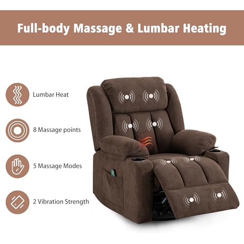 Rocker Swivel Recliner Chair for Adults, Overstuffed Large Manual Recliner Glider with Massage and Heat