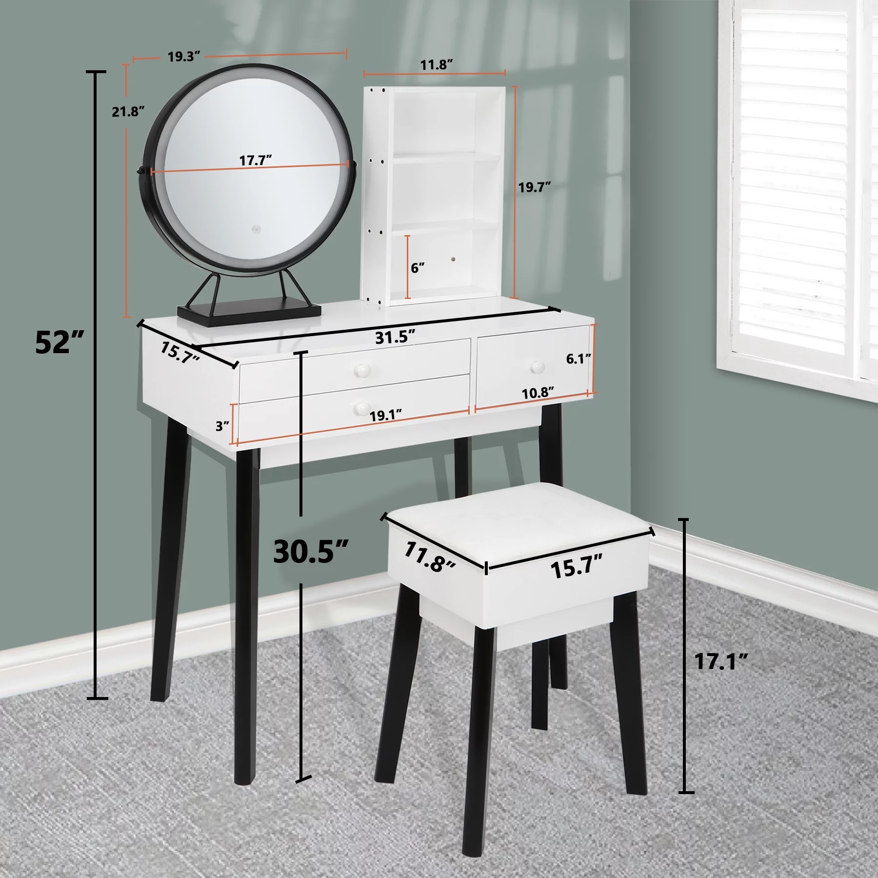 Lafuria vanity set with lighted mirror,Make up vanity dressing table with cushioned stool set in black and white