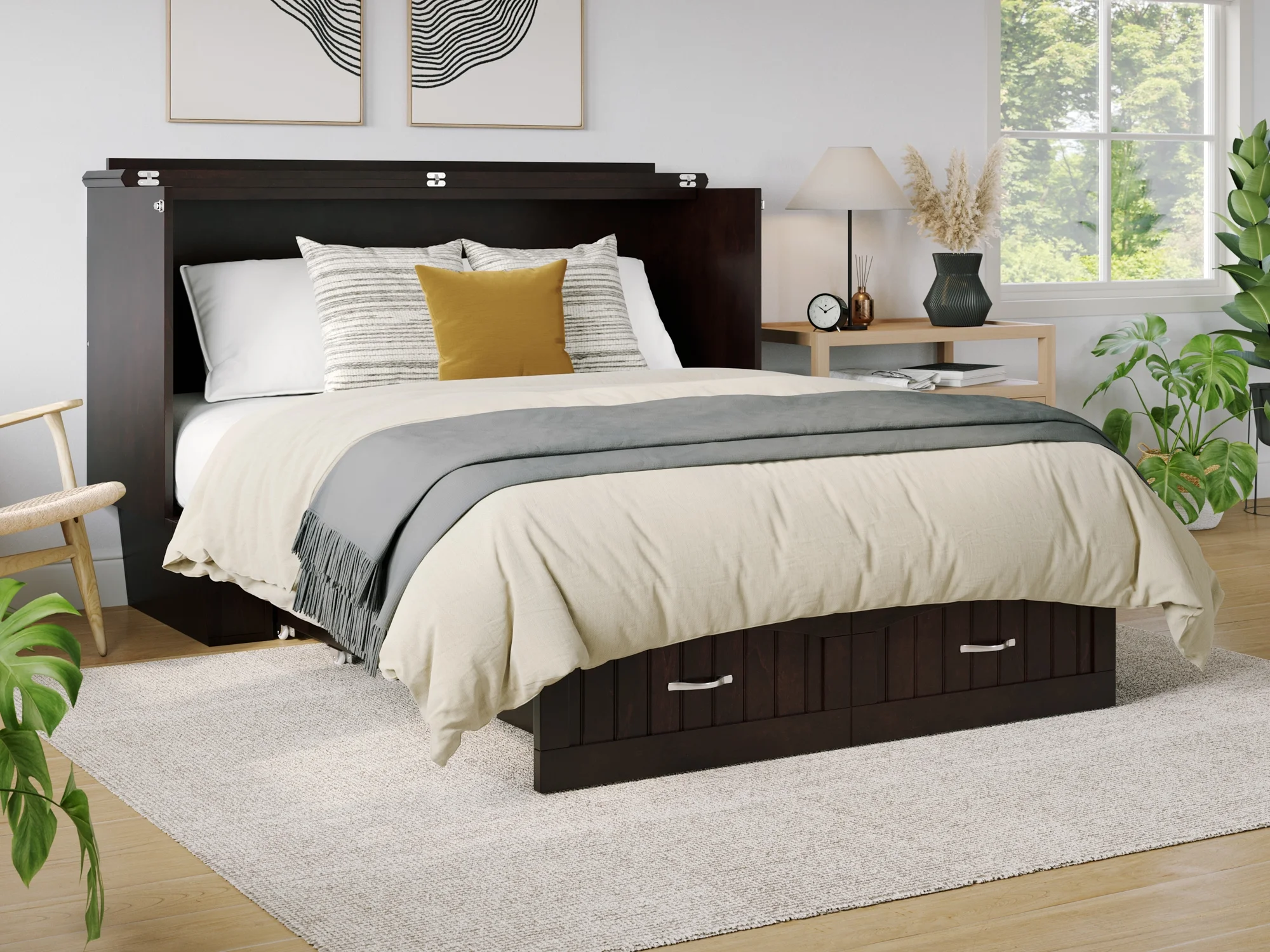 AFI Nantucket Queen Solid Wood Murphy Bed Chest with Mattress, Drawer & Charger in Espresso