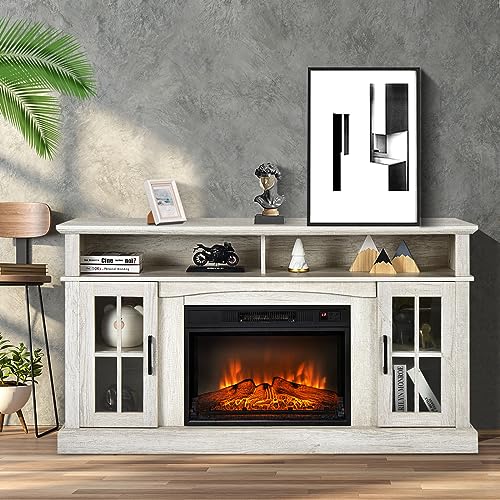 COSTWAY Electric Fireplace TV Stand for TVs Up to 65 Inches, 1400W Heater Insert with Remote Control, 6H Timer, 3-Level Flame