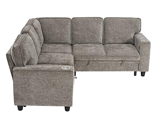 L-Shaped Pull Out Sleep Sofabed,Modern Reversible Sleeper Sectional Sofa Chenille Upholstered Button Tufted Decor with Storage Chaise