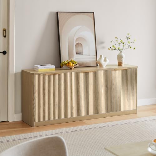 67" Fluted Oak Buffet Cabinet Sideboard with Storage, Large Credenza with 6 Doors