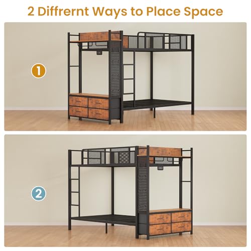 Itaar Metal Bunk Bed Twin Over Twin with Hall Tree, Power Outlet, LED Bunk Bed with 4 Storage Drawers, Bed with Safety Guardrail & Ladders
