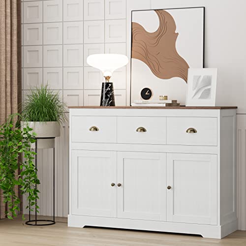 Keyluv White Buffet Cabinet Storage Sideboard Farmhouse Server Bar Wine Cabinet with 3 Drawers & 3 Doors Adjustable Shelves Console Table for Dining