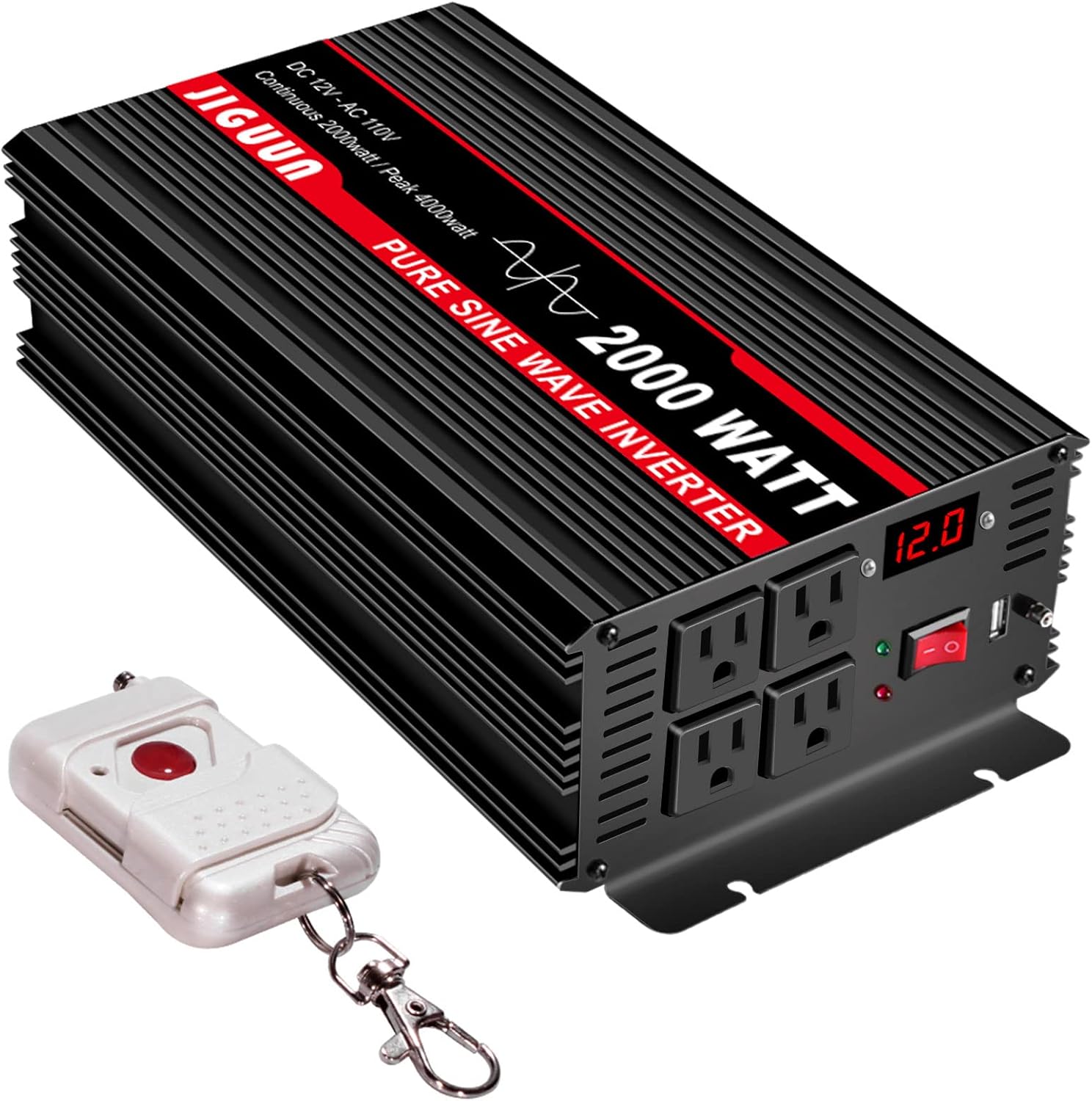 JIGUUN 2000 Watt Pure Sine Wave Inverter, Power Converter 12V DC to 110V/120V AC