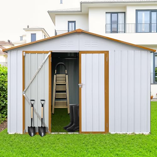 8x6 FT Outdoor Storage Shed, Metal Tool Shed with Lockable Doors, Peaked Roof & Frame Floor