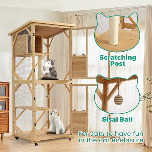 71" H Cat Catio Outdoor Cat Enclosure Window, 4 Tiers Cats Wooden House Cage on Wheels, Large Catios for Cats Indoor Patio with Waterproof Roof