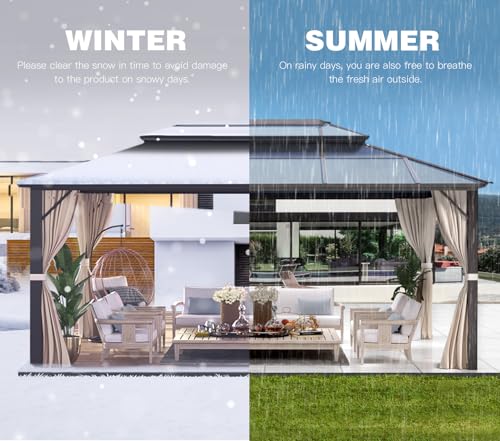 YOLENY 10'x13' Hardtop Gazebo, Outdoor Polycarbonate Double Roof Canopy, Aluminum Frame Permanent Pavilion with Curtains and Netting