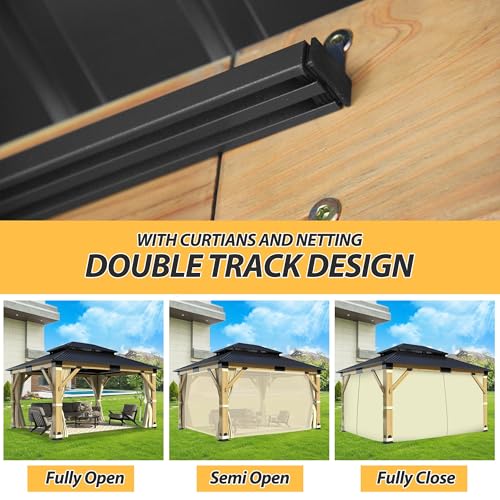 12'x12' Hardtop Gazebo, Outdoor Double Roof Galvanized Steel Gazebos, Aluminum Frame Permanent Pavilion with Curtains & Netting for Backyard, Patio