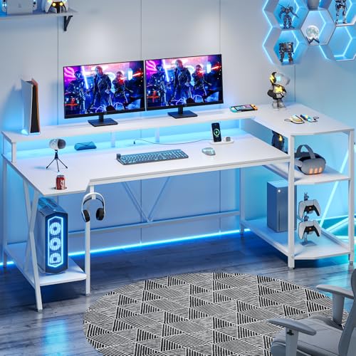 SEDETA Gaming Desk 70.8'' with LED Lights and Storage Shelves, Computer Desk with Monitor Stand, Power Outlets and Cup Holder, Large PC Gamer Desk