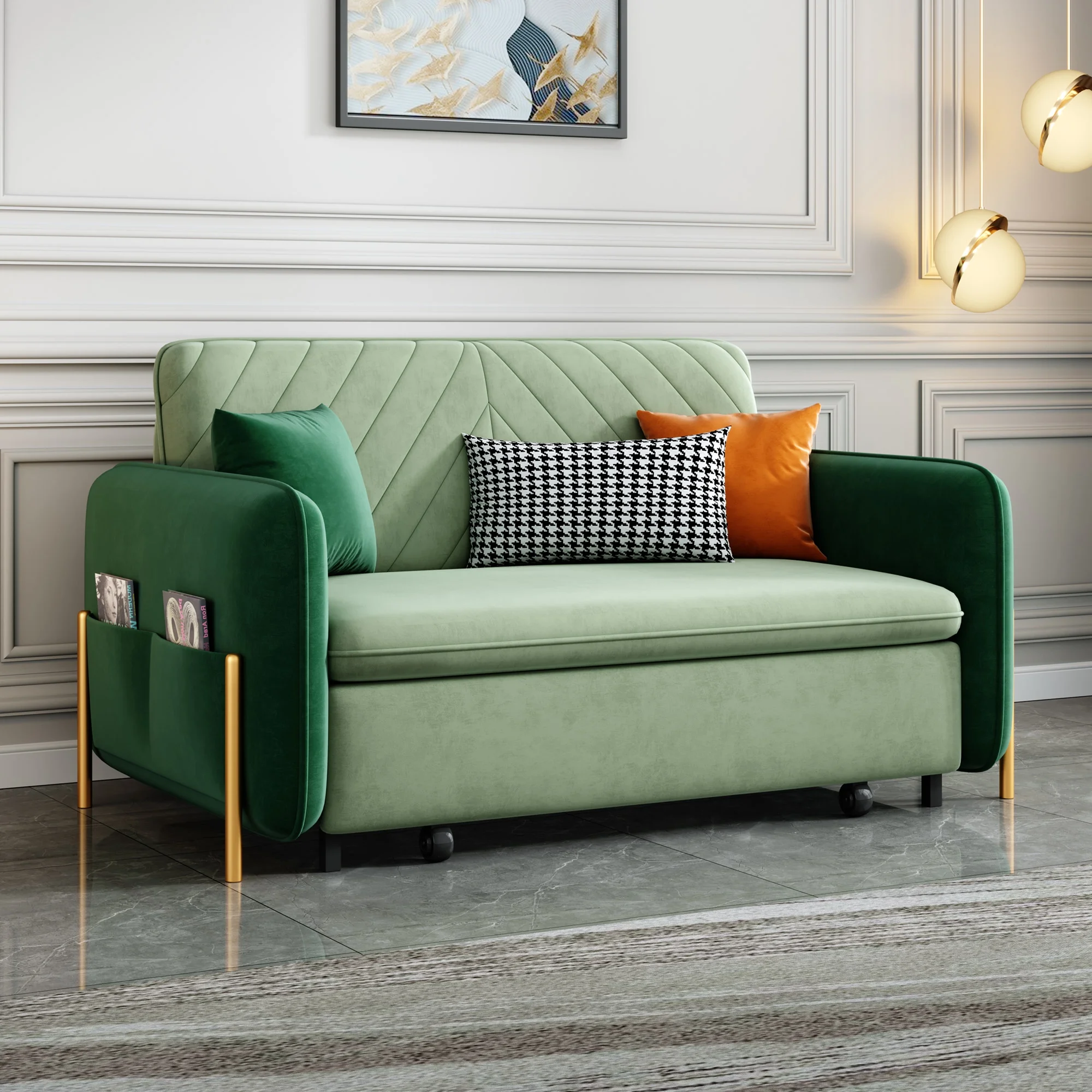53.5" Full Sleeper Sofa Green Upholstered Convertible Sofa Bed 3 in 1 Sleeper Sofa Couch Bed