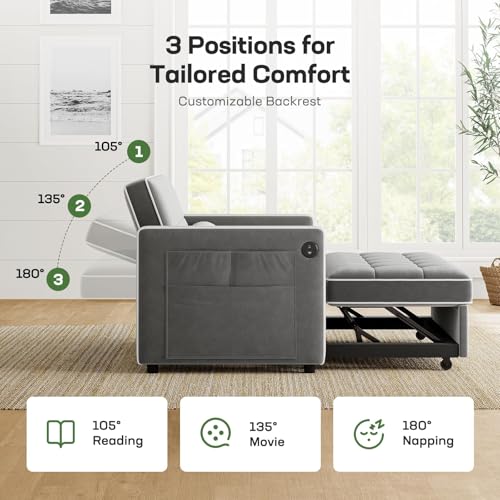 Marsail Sofa Bed, 3-in-1 Convertible Sleeper Sofa, Futon Couch with USB Charging, Side Pockets & Adjustable Backrest, Pull Out Couch for Living Room