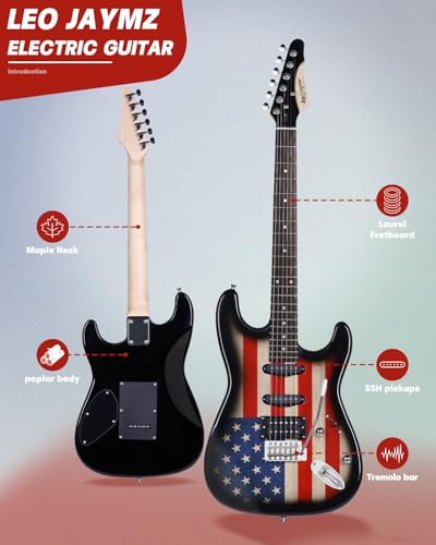 Leo Jaymz 39" Full Size ST Style Electric Guitar Starter Kit with SSH Pickup, 5W Portable Amp, Tuner, Gig Bag, Strap & Accessories (Violet Ocean)