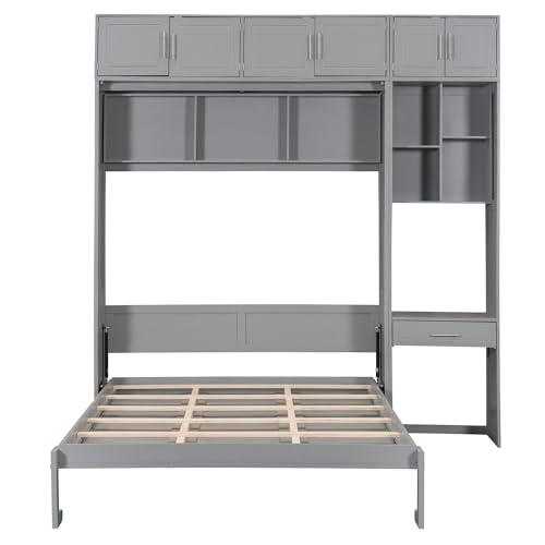 P PURLOVE Wood Twin Murphy Bed with Light and USB, Modern Wall Bed with Top Cabinet and Storage Shelves, Space Saving, No Box Spring Needed (Gray)