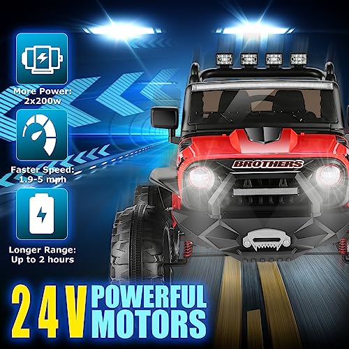 Hikole 24V Ride on Car Truck with Remote Control, 2 Seater Kids Power Electric Wheels Jeep, 3 Speeds, Bluetooth, LED Lights, Suspension