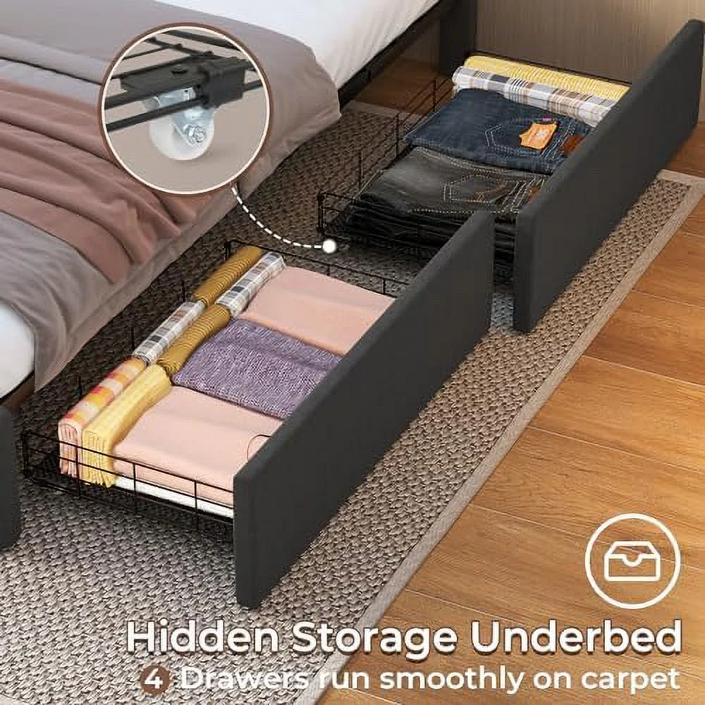 TJCGDTY Queen Bed Frame with Drawers  LED Bed Frame with 2 USB Charging Station  Upholstered Platform Bed with  &amp