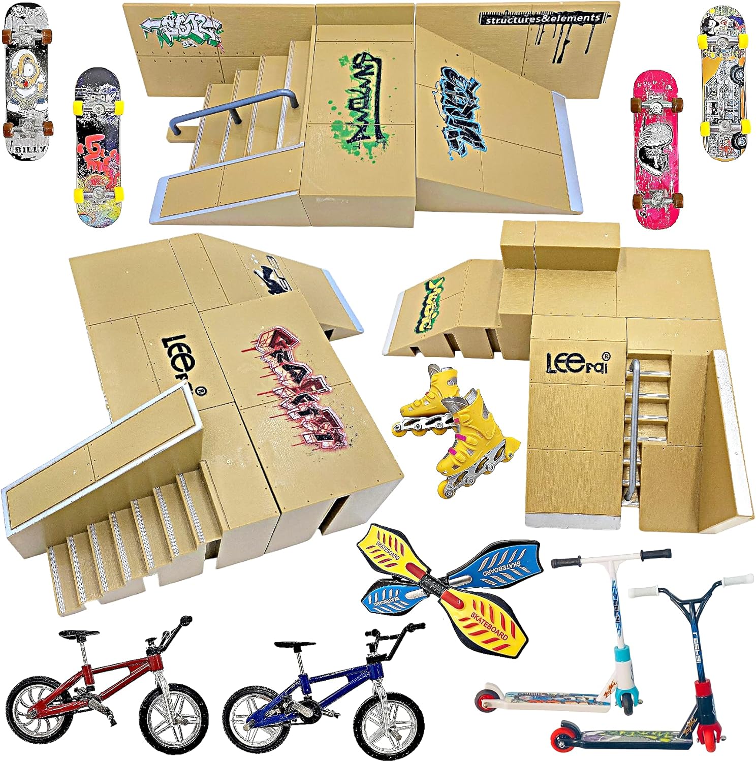 Ultimate Finger Skateboard Ramp Set 23 Pieces – Finger Skateboard Set with Skateboards, Ramps, Skates, Scooters