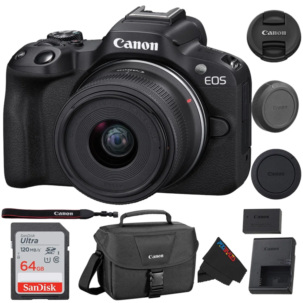 Canon EOS R50 Mirrorless Camera with 18-45mm Lens | PixiBytes Bundle with Canon 200ES EOS Shoulder Bag, 64GB SD Memory Card & More