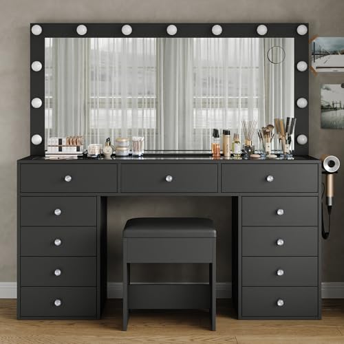 Vanity Desk & Power Outl, Makeup Vanity with Mirror and 12 LED Lights, Makeup Table with 11 Drawers, Vanity Table with Chair