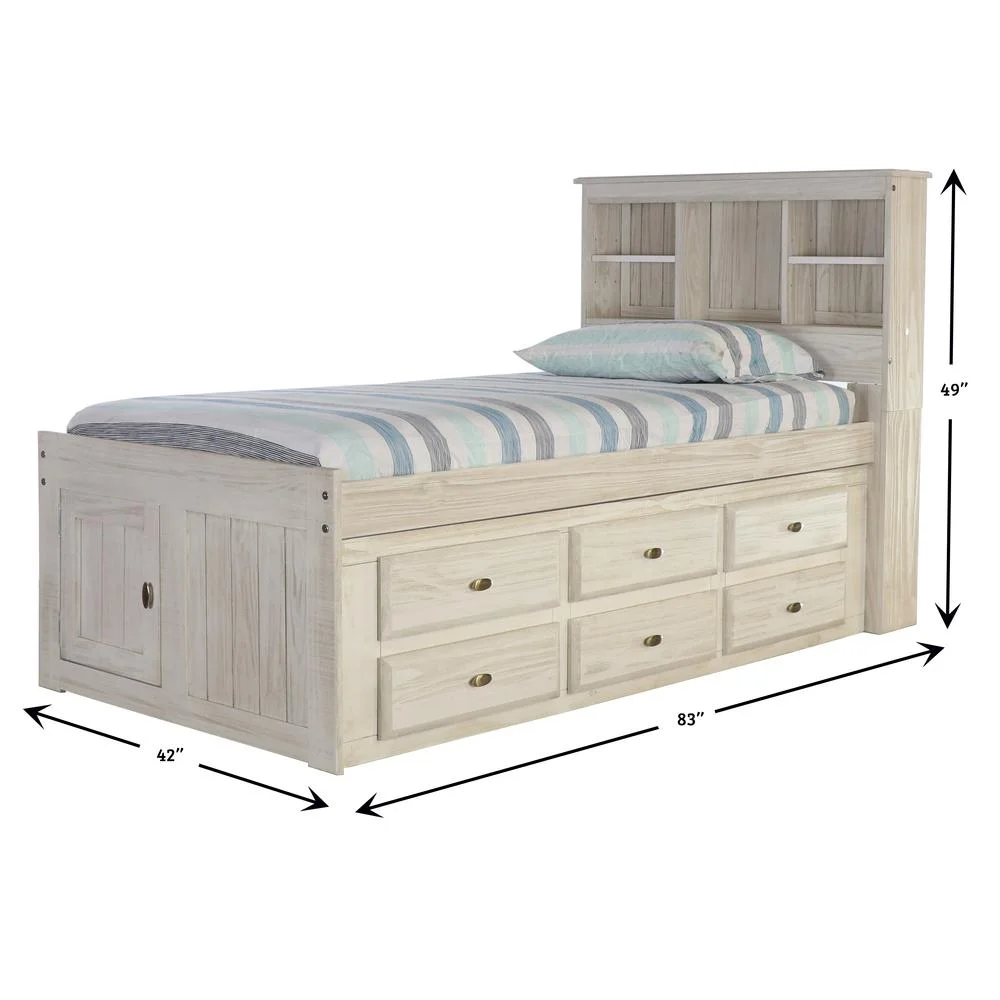 American Furniture Classics OS Home and Office Furniture Model 85220K6-22 Solid Pine Twin Captains Bookcase Bed with 6 drawers in Light Ash
