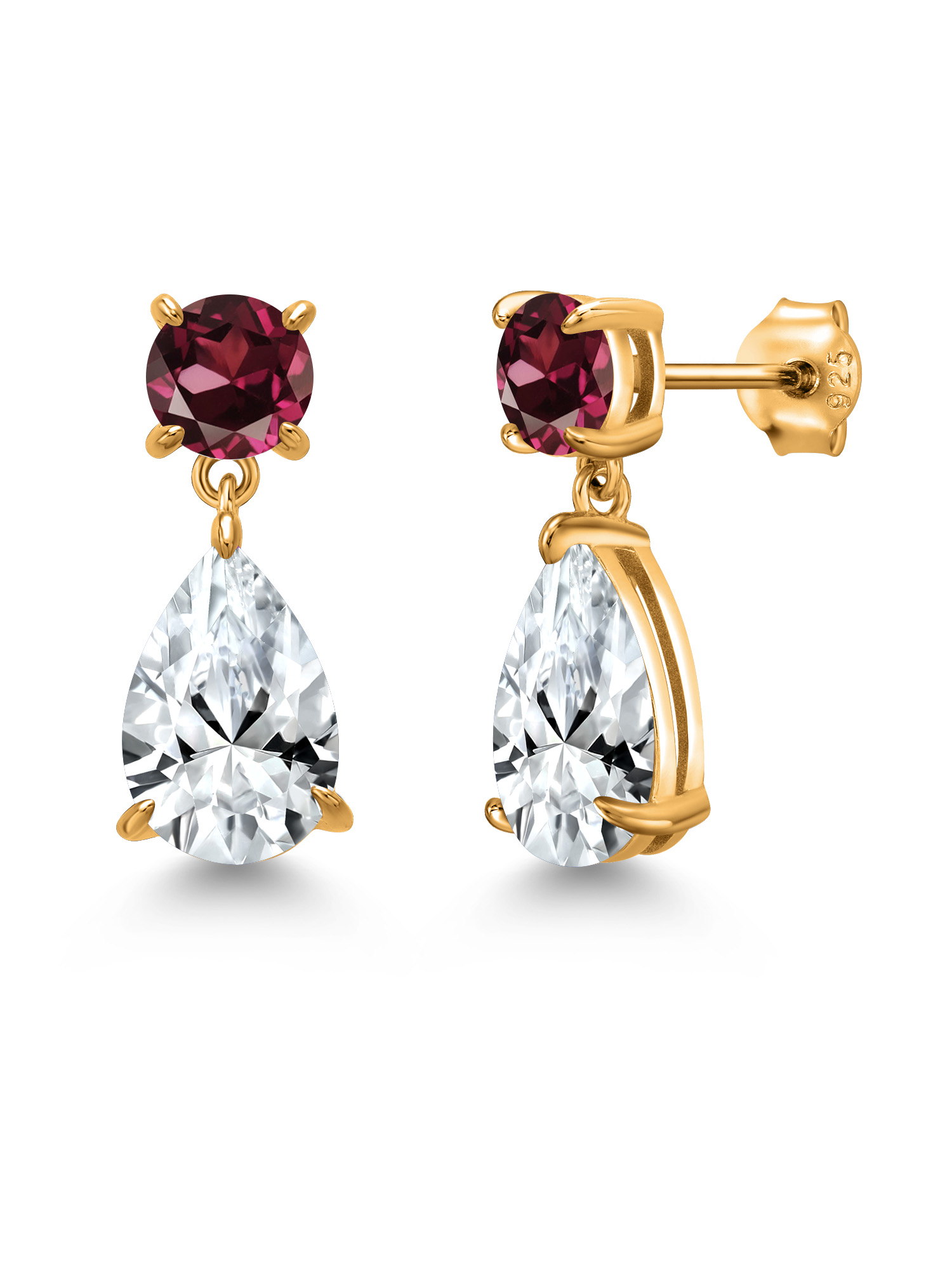 Gem Stone King 18K Yellow Gold Plated Silver White Created Sapphire and Red Rhodolite Garnet Teardrop Dangle Drop Earrings For Women (8.98 Cttw