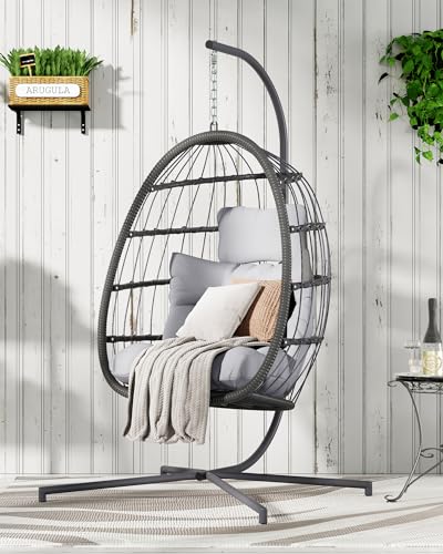 HWB Hanging Egg Chair with Stand, Patio Wicker Hammock Egg Swing Chair with Cushion for Bedroom Garden Indoor Outdoor (Beige)