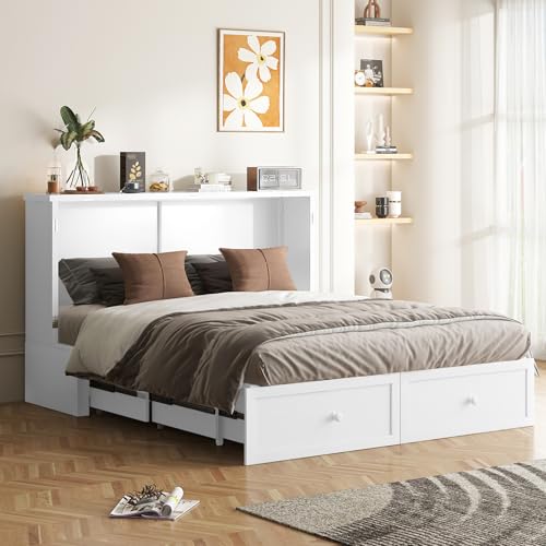 Murphy Bed, Cabinet Bed Queen Size with Tri-Folding Mattress, Hidden Guest Wall Beds, Cabinet Murphy Chest Beds with USB Charging Station