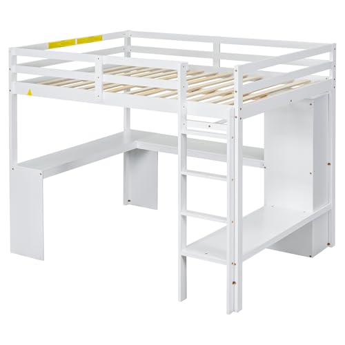 SOFTSEA Full Size Loft Bed with Desk & Wardrobe, Wood Loft Bunk Bed with Storage Shelves and Cabinets