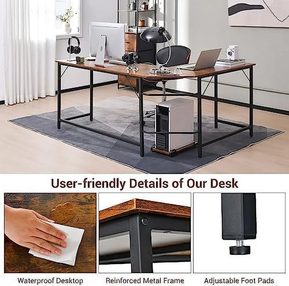 HJZBNONE L-Shaped Desk with CPU Stand  66 Inch Wooden -Saving Corner Desk w/Metal Frame  Large Computer Gaming PC Desk  Writing Table Study Desk for