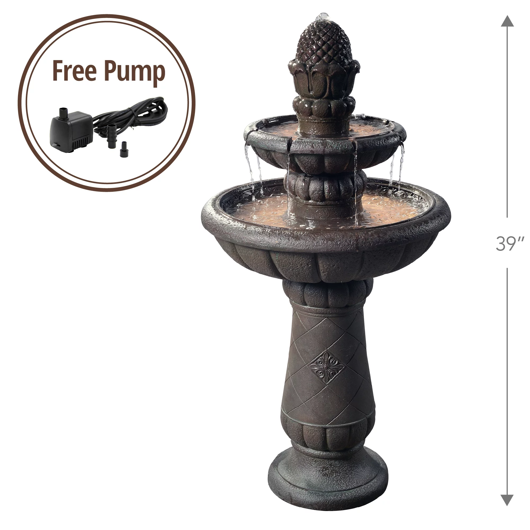 Teamson Home Porch Deluxe Pineapple 2-Tier Polyresin Pedestal Fountain for Garden, Gray